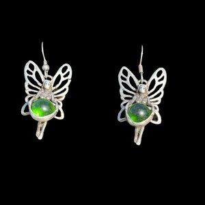 Fairy-Inspired 925 Silver Dangle Earrings Green Glass Orb & Intricate Wing Desig